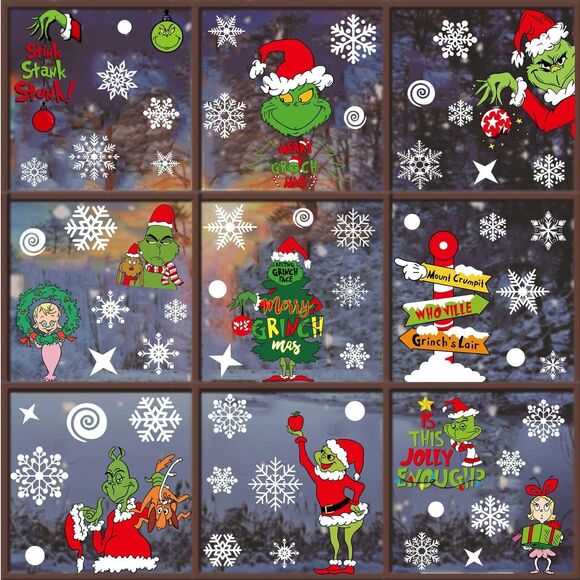 Grinch Waterproof Christmas Window Clings, Stickers Double Sided - 9 sheets - Picture 1 of 4